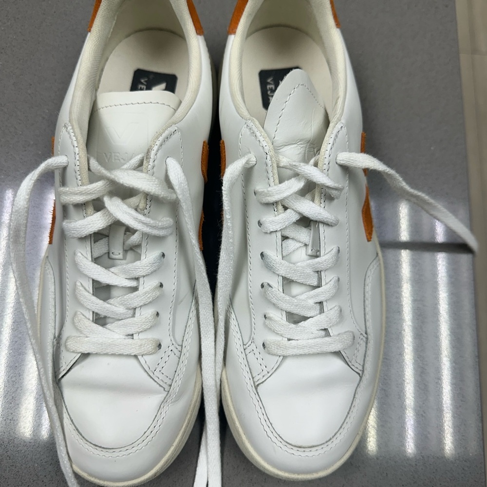 Veja White Leather Sneakers with Orange Accents